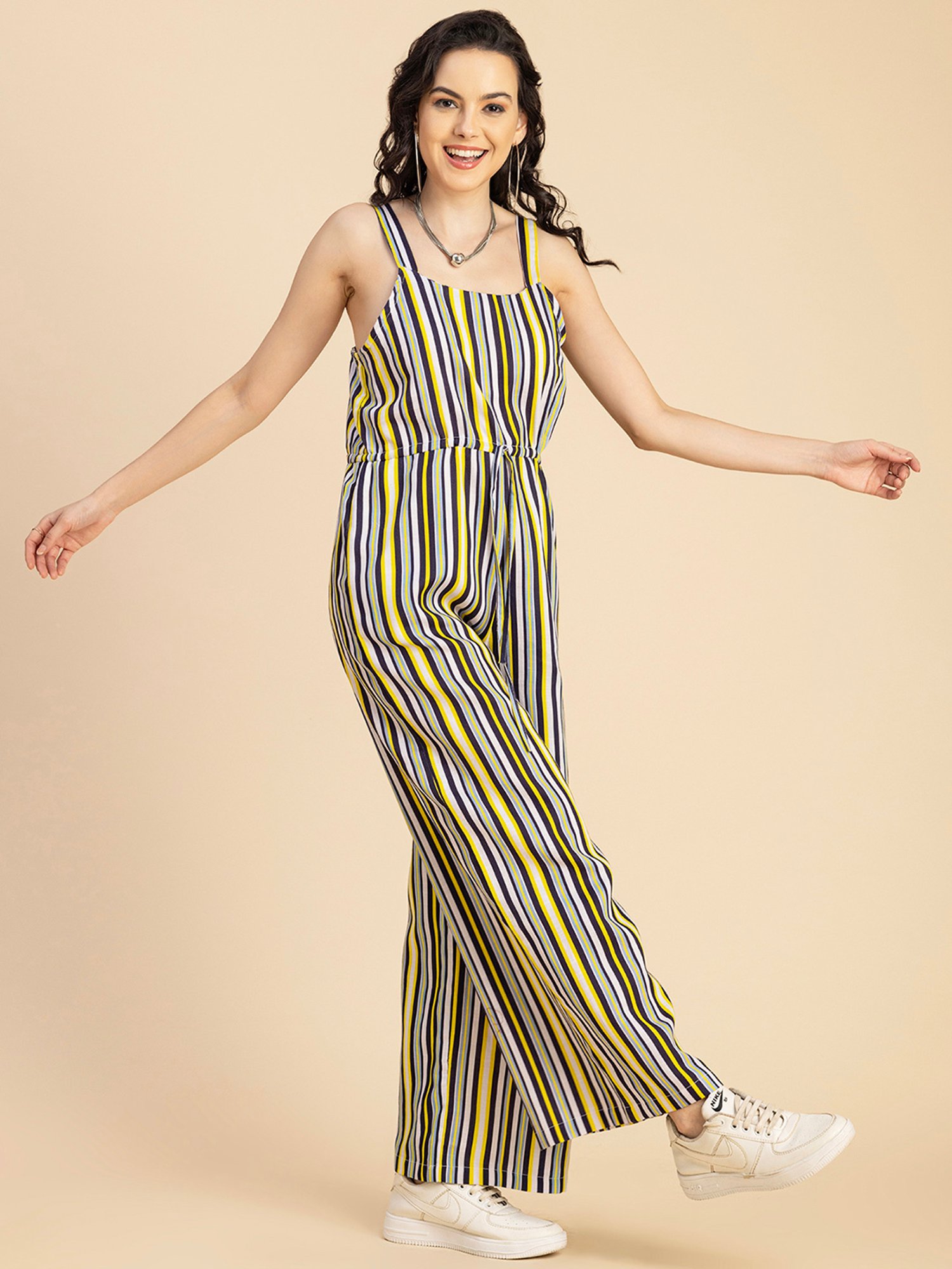Moomaya White & Navy Cotton Blend Striped Jumpsuit