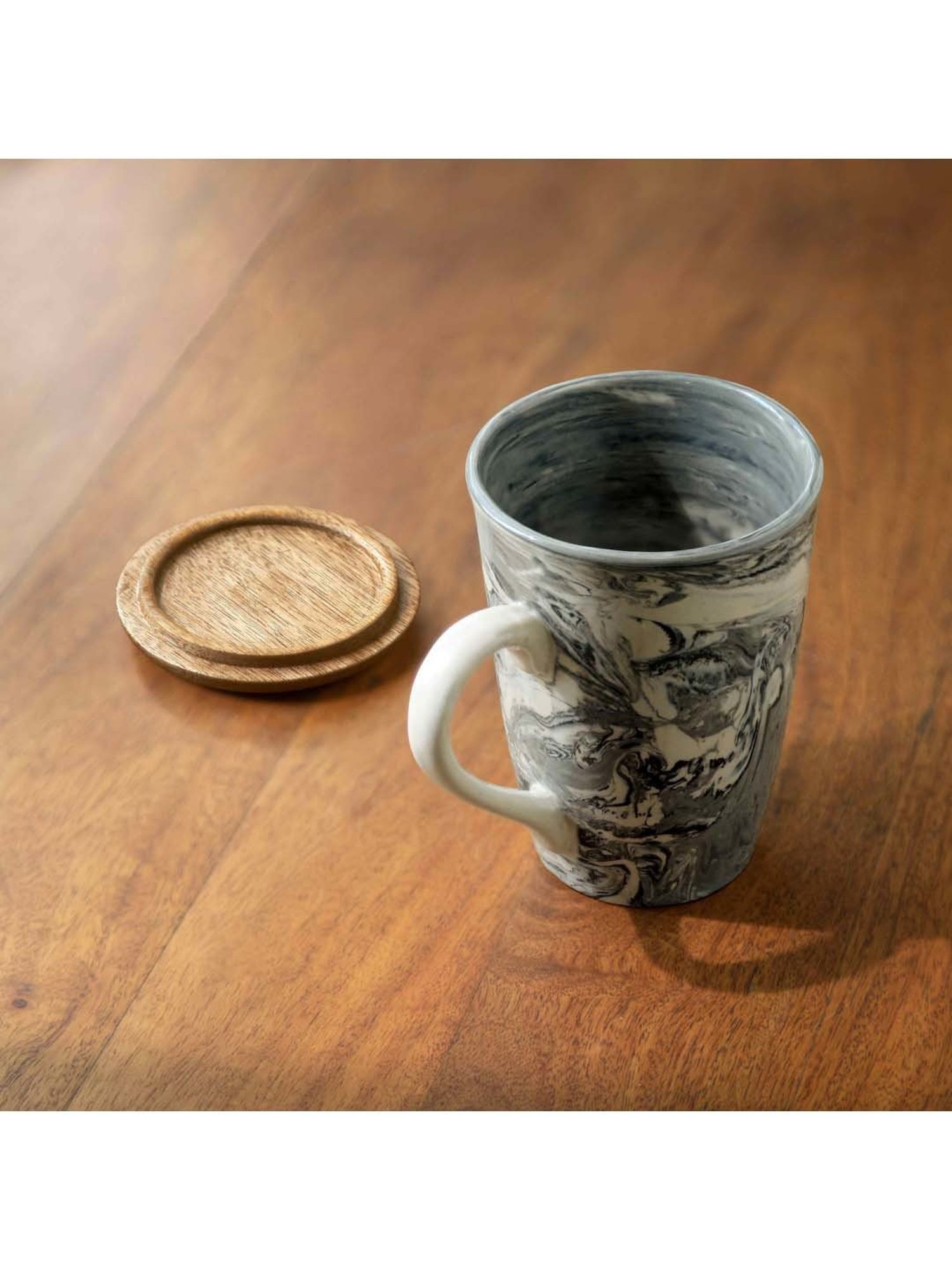 Ellementry Coral Black Ceramic Tall Coffee Mug With Wooden Lid (0.35 L) - Set of 1