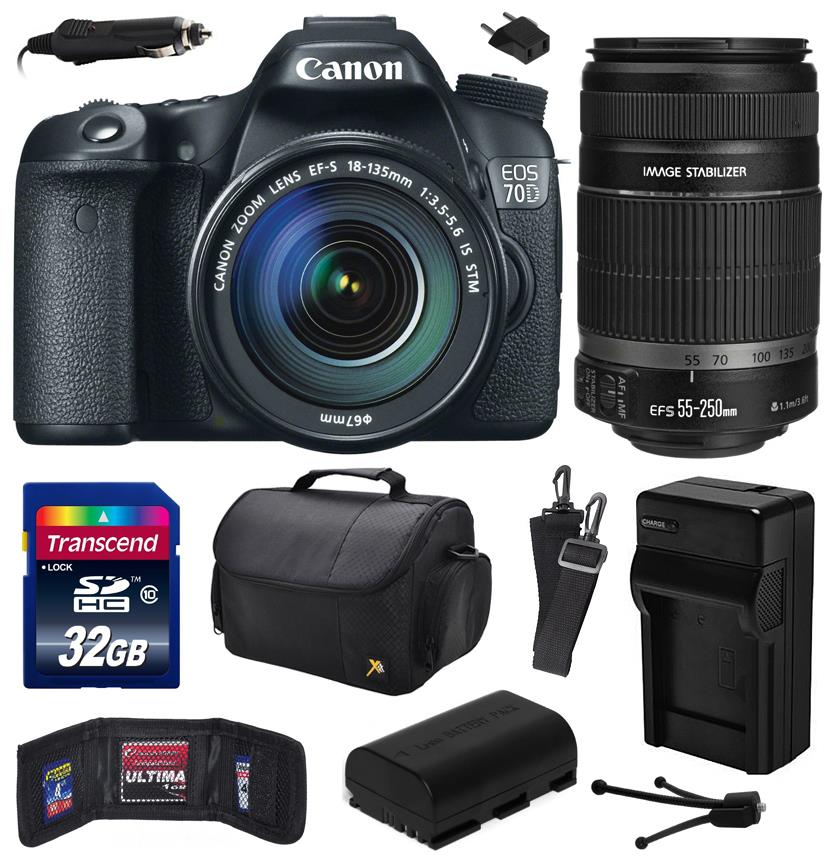 Canon EOS 70D Digital SLR Camera with 18-135mm STM and EF-S 55-250mm f/4-5.6 IS II Lens includes 32GB Memory + Large Case + Extra Battery + Travel Charger + Memory Card Wallet + Cleaning Kit 8469B016