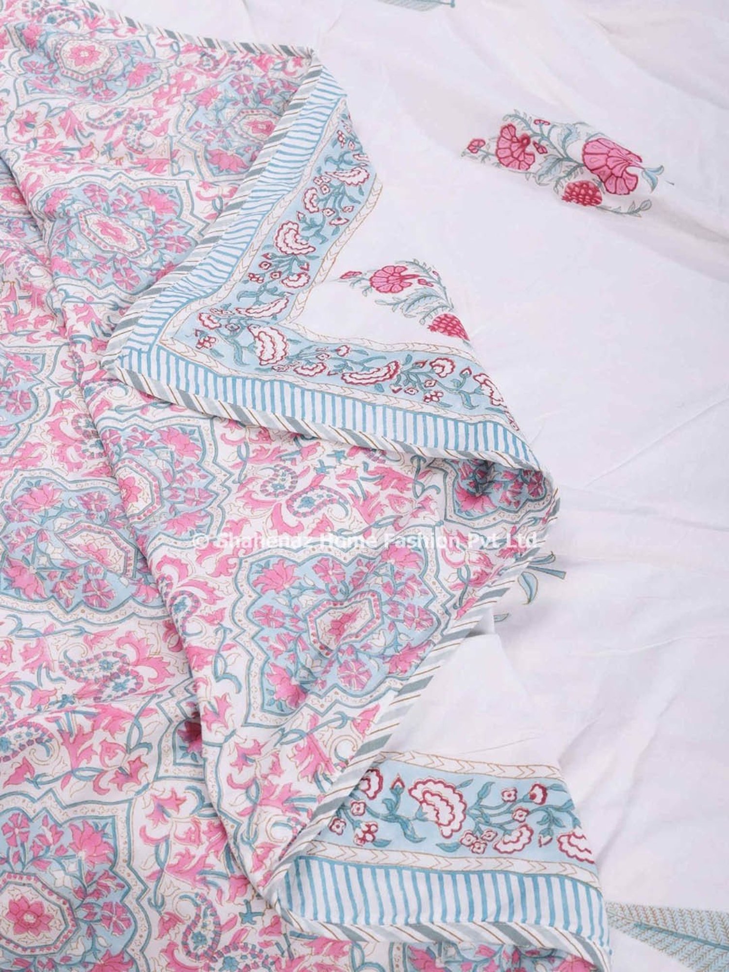 Shahenaz Charvi Floral Aqua Cotton Single Reversible Dohar