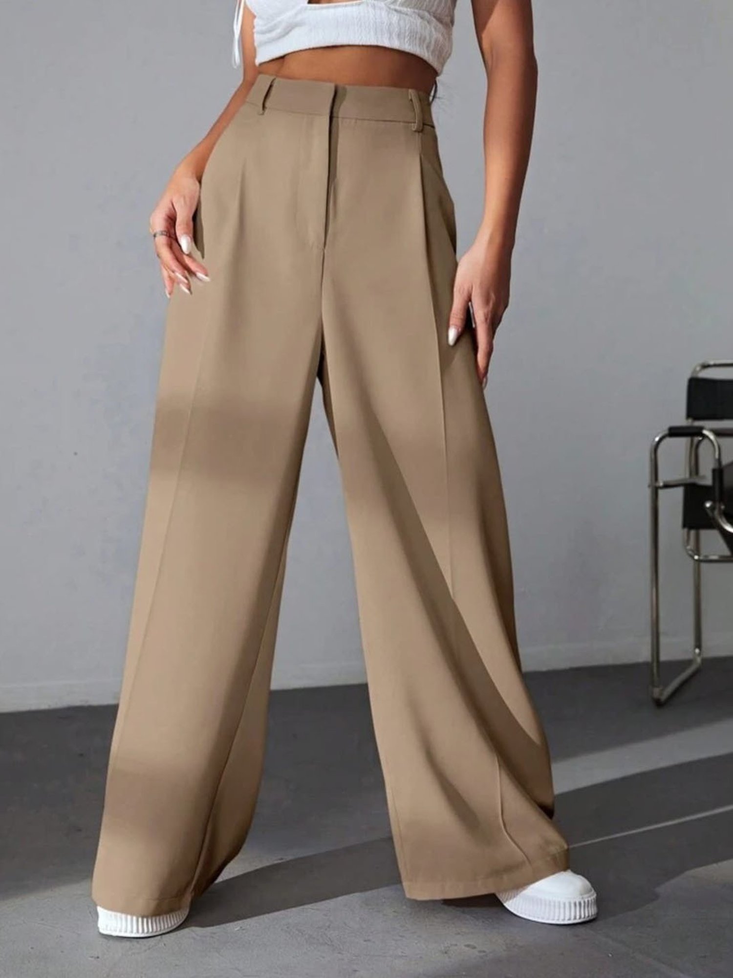 Broadstar Beige Regular Fit High Rise Stretchable Trousers