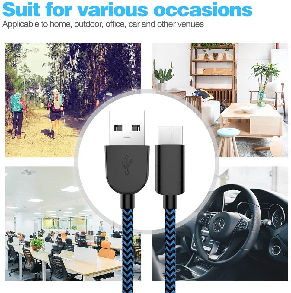 USB Type C Cable 5Pack (3/3/6/6/10FT) Nylon Braided USB C Cable Fast Charger Charging Cord Compatible Samsung Galaxy S9 S8 Note 9 Note 8 PlusLG V30 G6 G5 V20Google Pixel Moto Z2 and More (Blue)