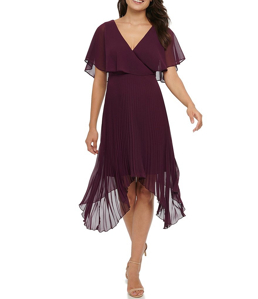 Kensie V-Neck Flutter Sleeve Chiffon Pleated Asymmetric Hem Midi Dress