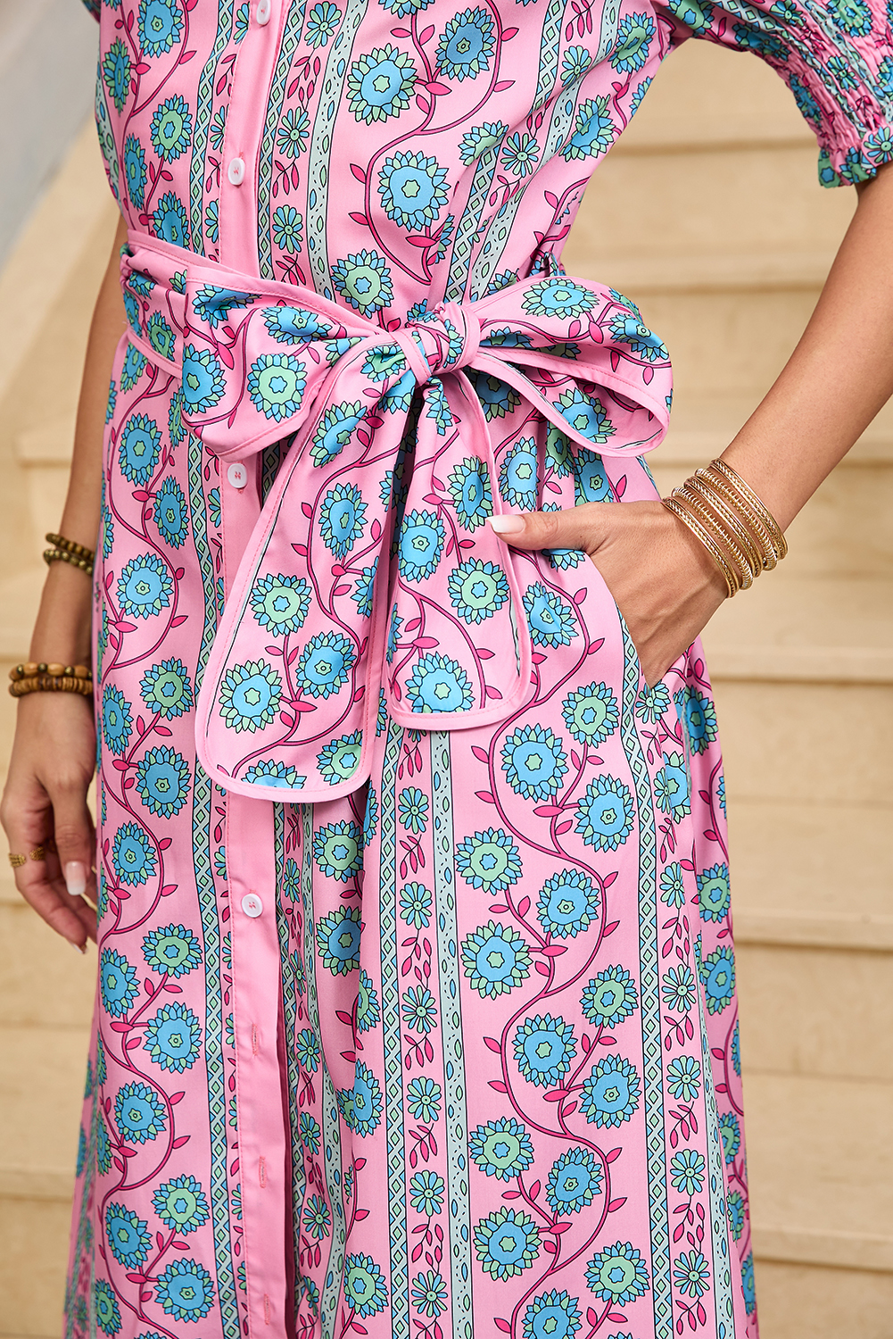 Multicolour Floral Print Split Neck Midi Dress