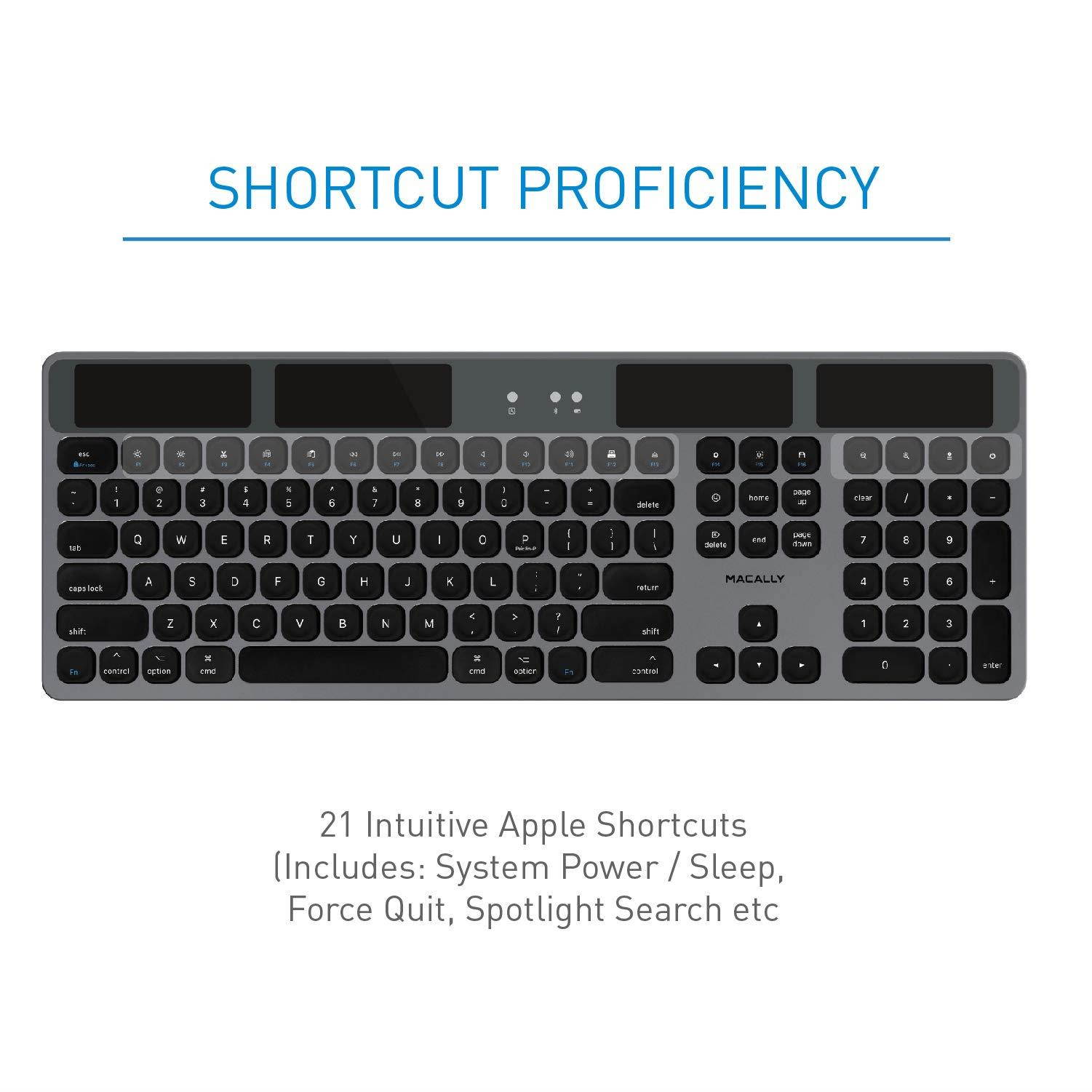 Macally Bluetooth Wireless Solar Keyboard for Mac Mini/Pro, iMac Desktop Computers & Apple MacBook Pro/Air Laptops | Rechargeable Via Any Light Source | Caps Lock/Battery Indicators - Space gray