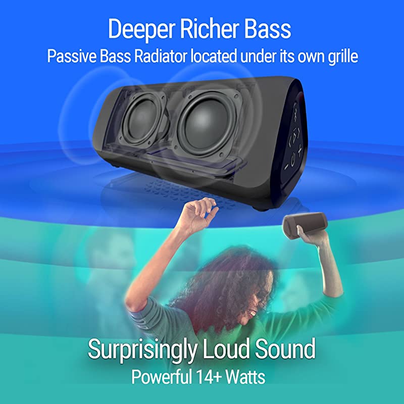 Angle 3 Ultra Portable Bluetooth Speaker 14Watts Deliver Bigger Bass and HiQuality Sound 100ft Wireless Range Play Two Together for Music in Dual Stereo IPX6 Splashproof Black