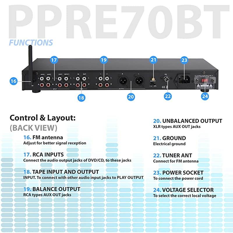 Rack Mount Studio PreAmplifier Audio Receiver System wDigital LCD Display Bluetooth FM Radio Recording Mode Remote Control USB Flash or SD Card Reader Input and Output Jack PPRE70BT