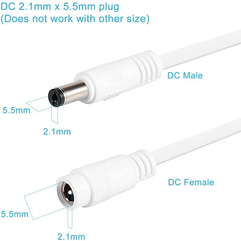 Pack DC Power Extension Cable 10ft 1mm x 55mm Compatible with 1V DC Adapter Cord for CCTV IP Camera LED Car White