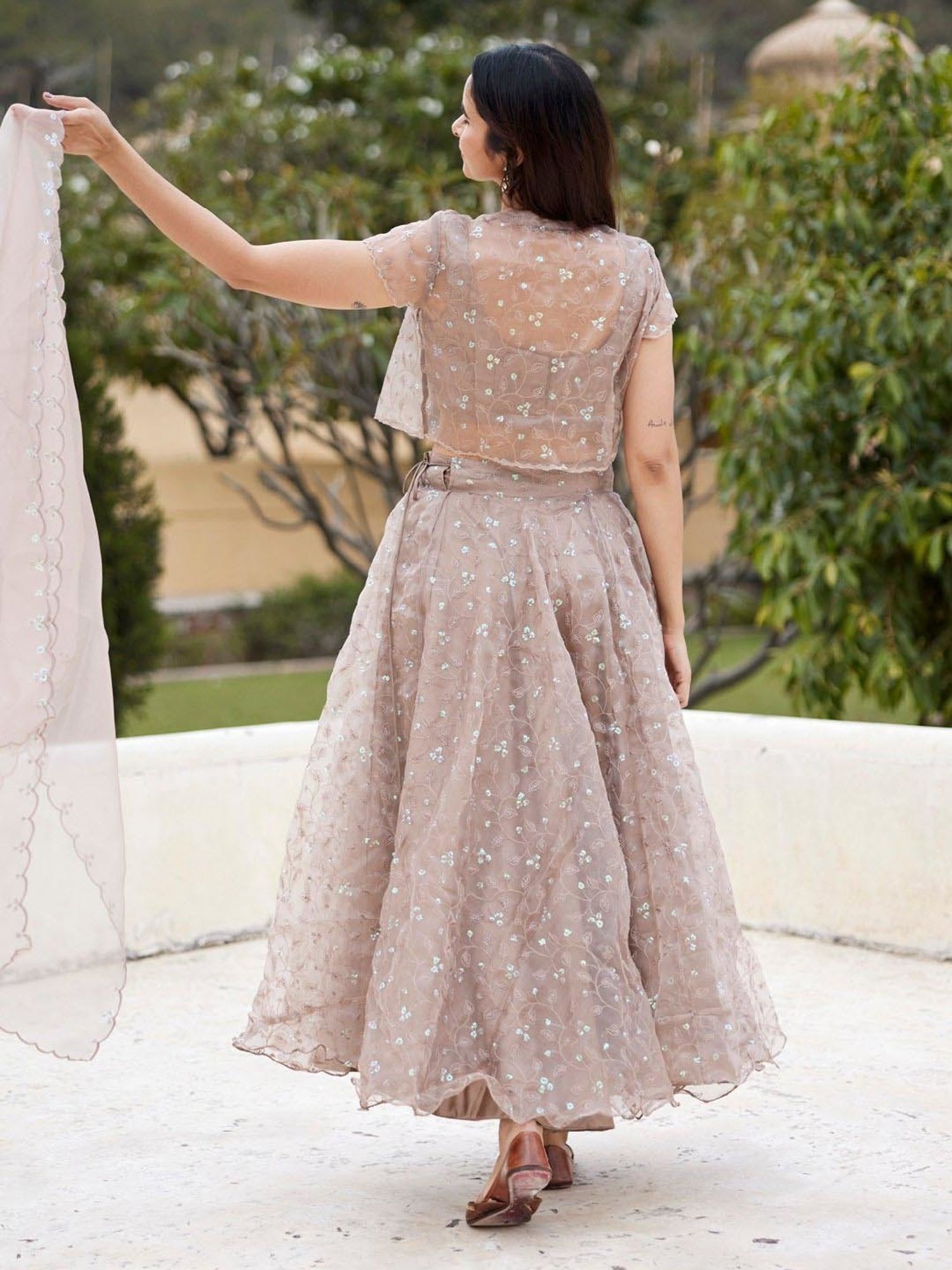 Geroo Jaipur Mud Sequins Embroidery Organza Lehenga Set