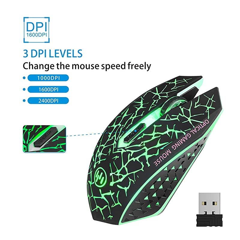 K6 Wireless Gaming Mouse, Rechargeable Silent LED Optical Computer Mice with USB Receiver, 3 Adjustable DPI Level and 6 Buttons, Auto Sleeping Compatible Laptop/PC/Notebook (Green Light)