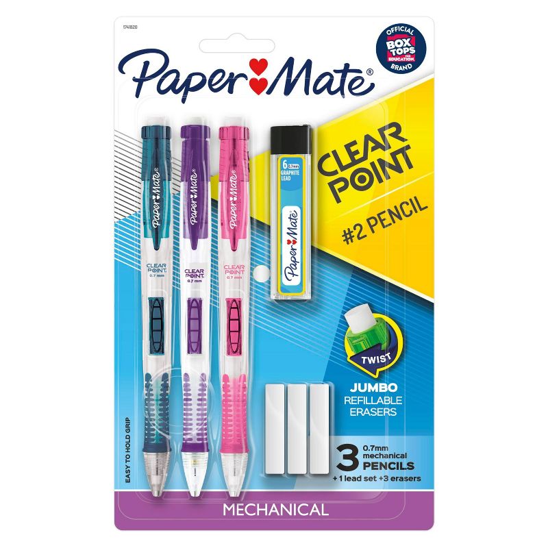 Paper Mate 3pk #2 Mechanical Pencils with Lead/Eraser Refill ClearPoint Color Barrels .7mm