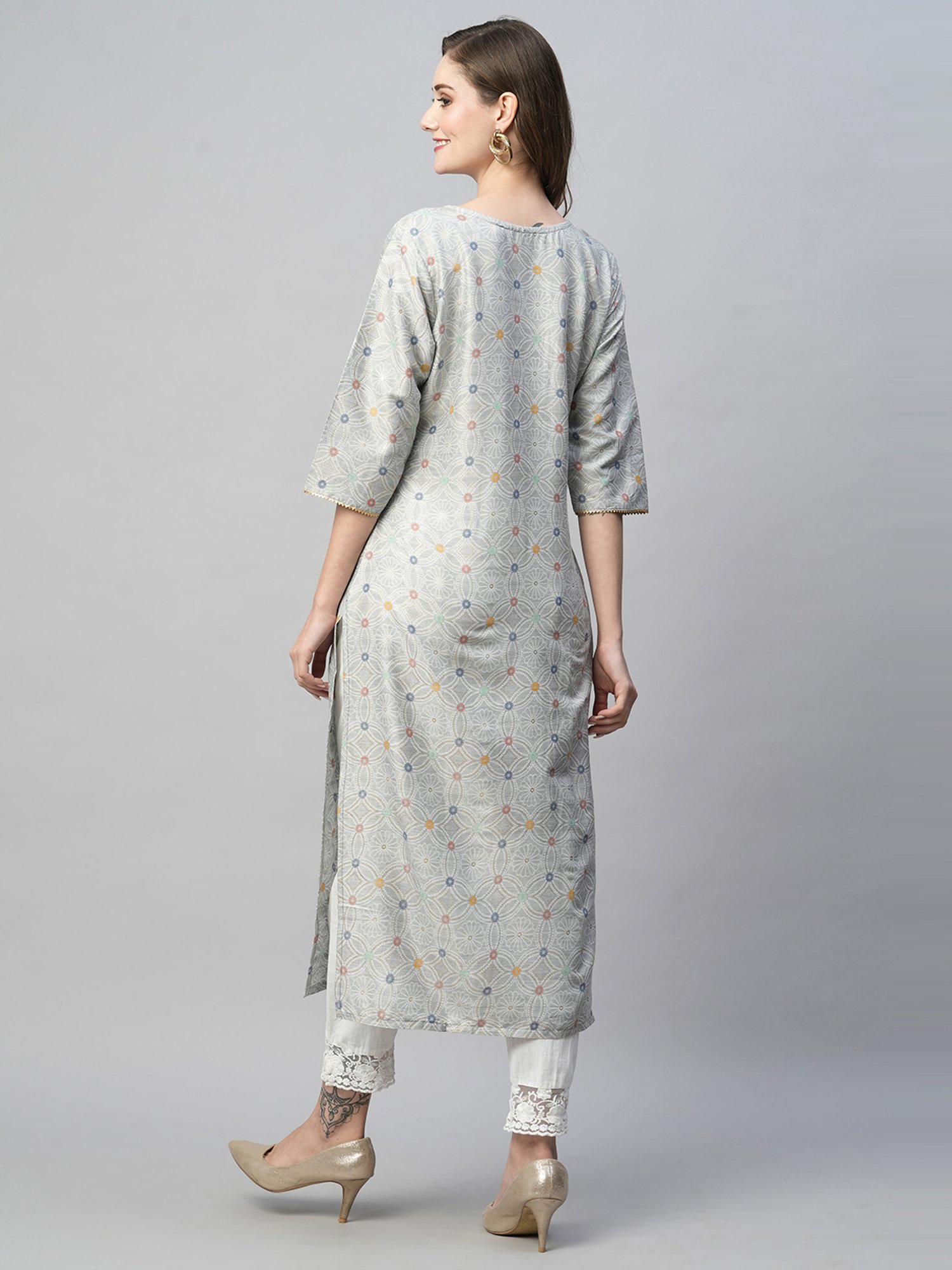 KIANA Grey Printed Straight Kurta
