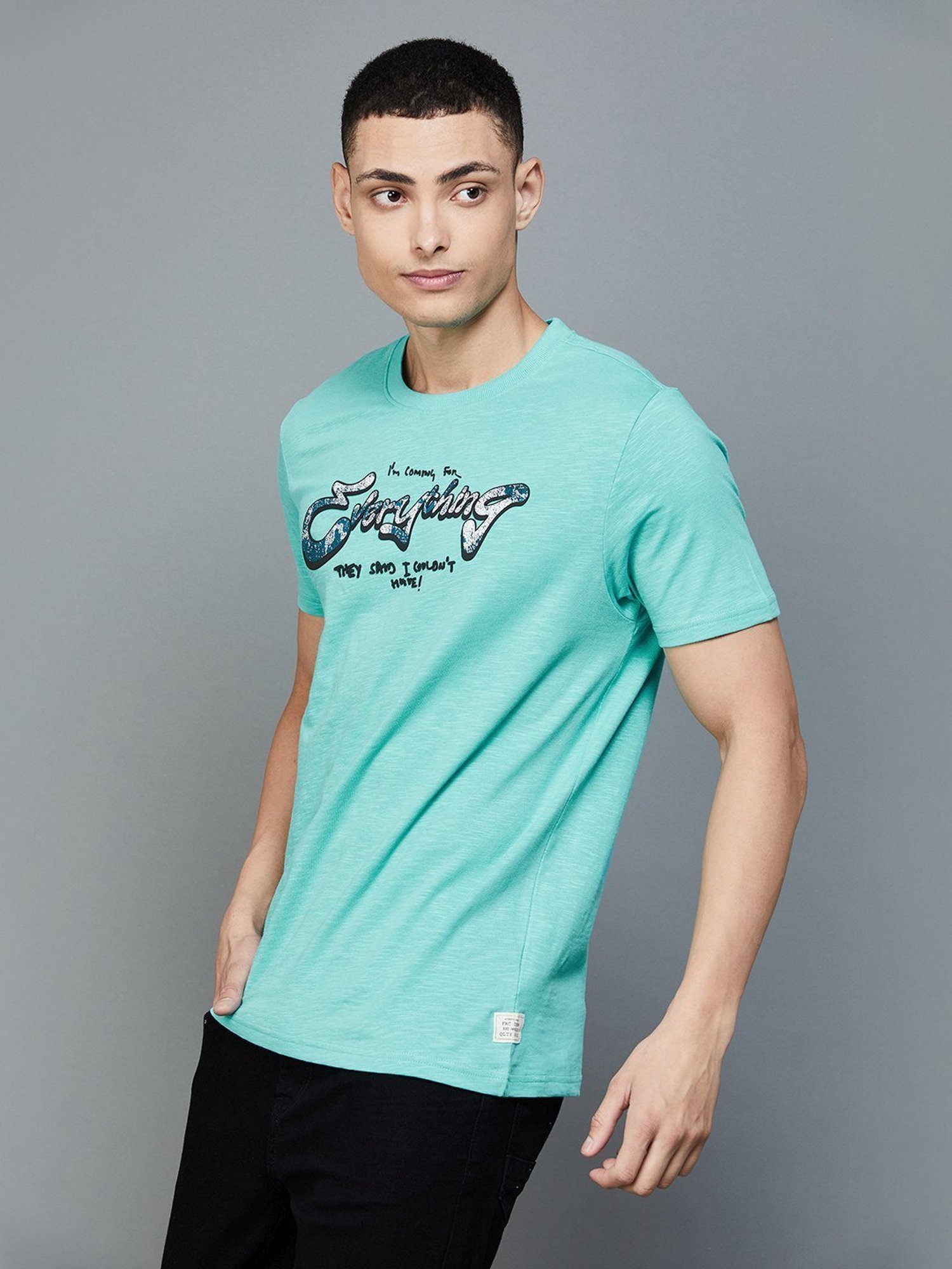 Forca by Lifestyle Turquoise Cotton Slim Fit Printed T-Shirt