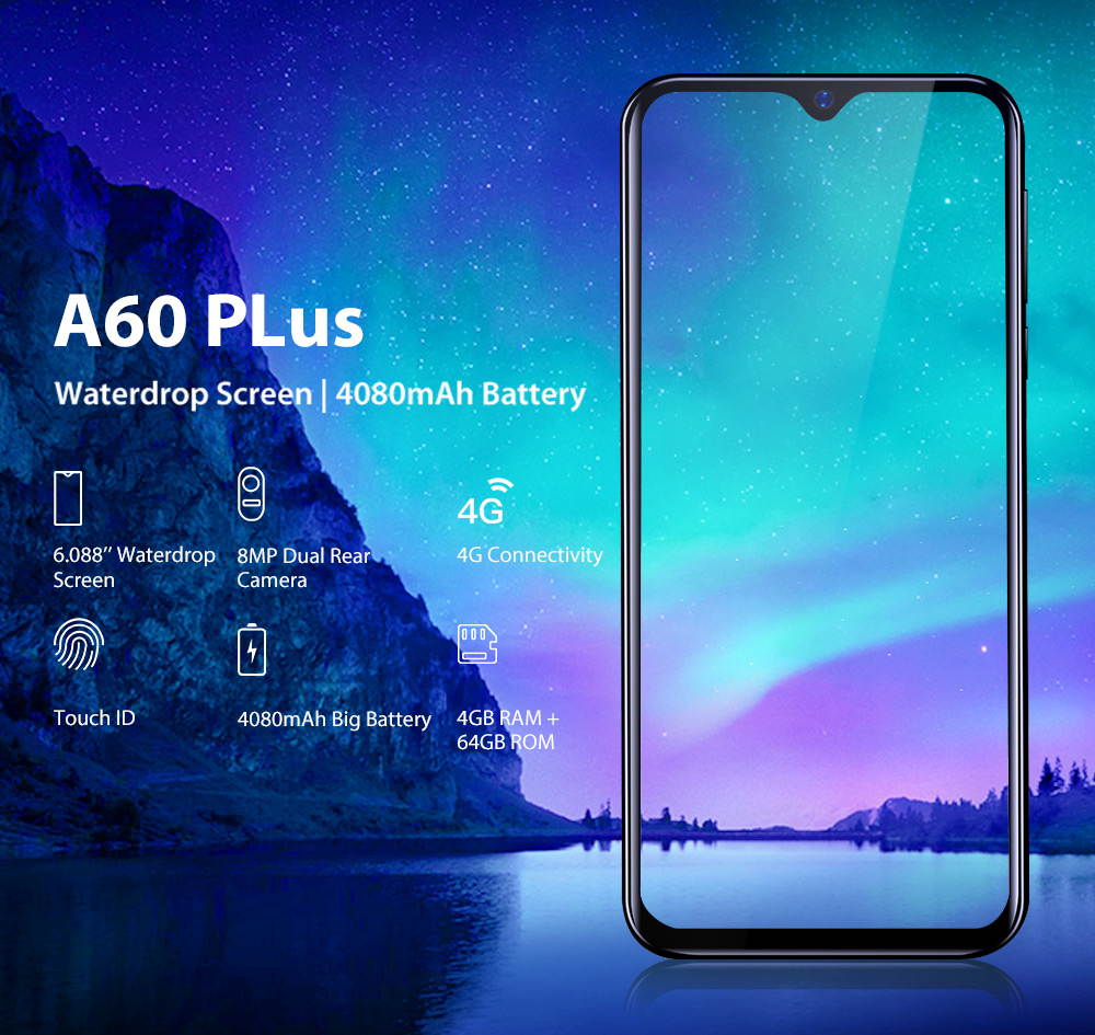 Blackview A60 Plus mobile, 4GB + 64GB, Quad Core, Android 10, 4080mAh, 4G, mobile phone with Water Drop Screen, Facial identification