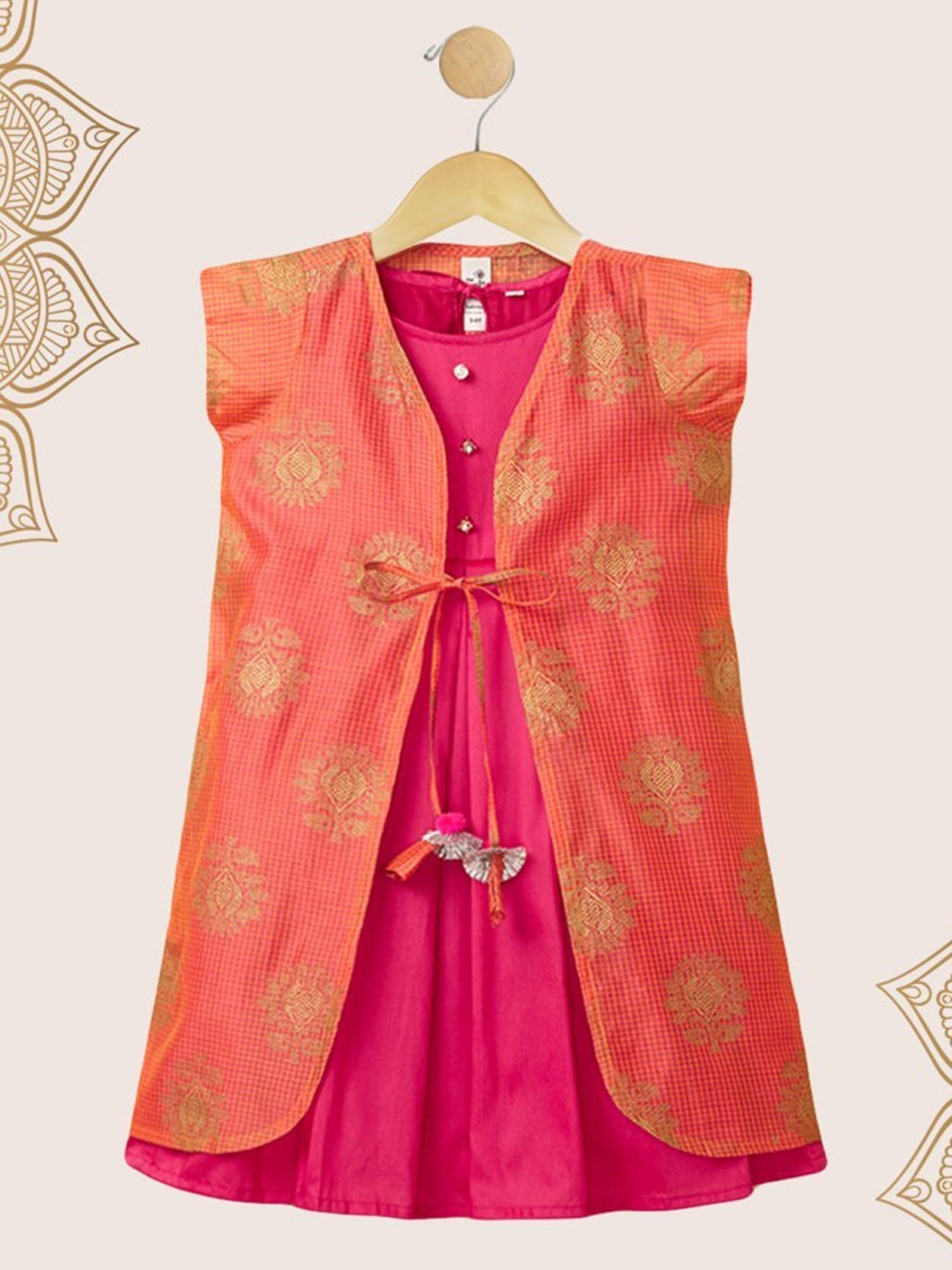 The Magic Wand Kids Pink & Orange Embellished Frock Set