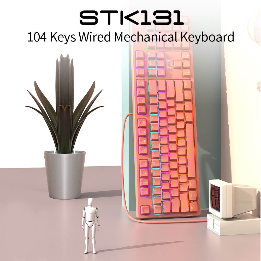 DaiDai STK131 USB Wired Mechanical Keyboard Mixed Light Keyboard 104 Keys Gaming Office Keyboard Ergonomic Design Pink (Red Switch)