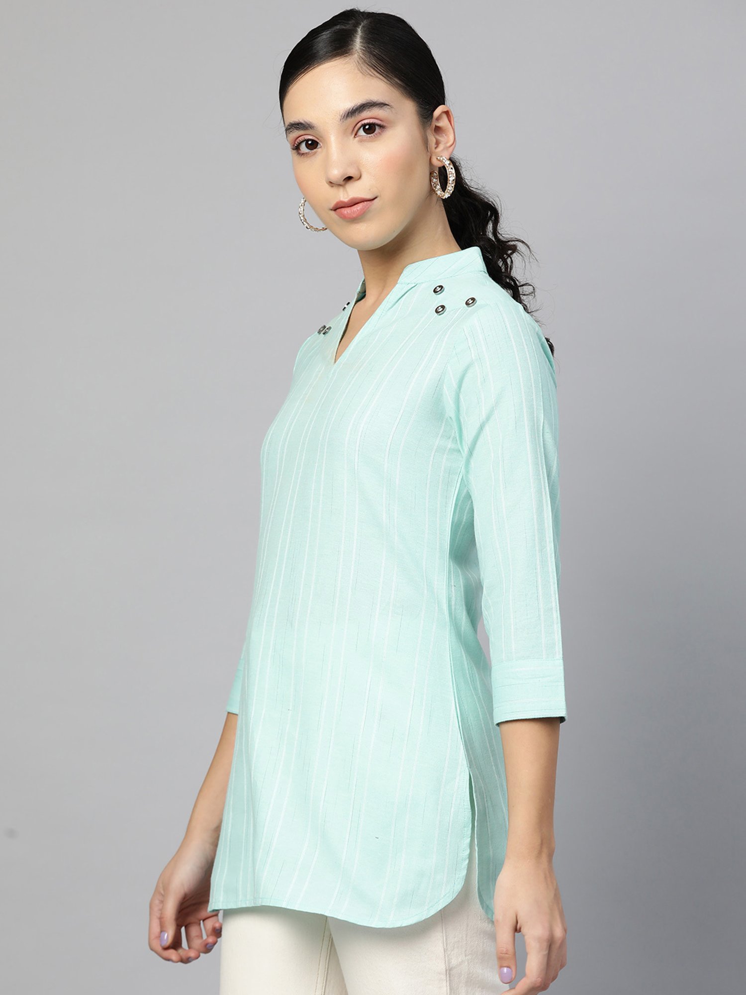 Cottinfab Green Self Design Ethnic Cotton Top