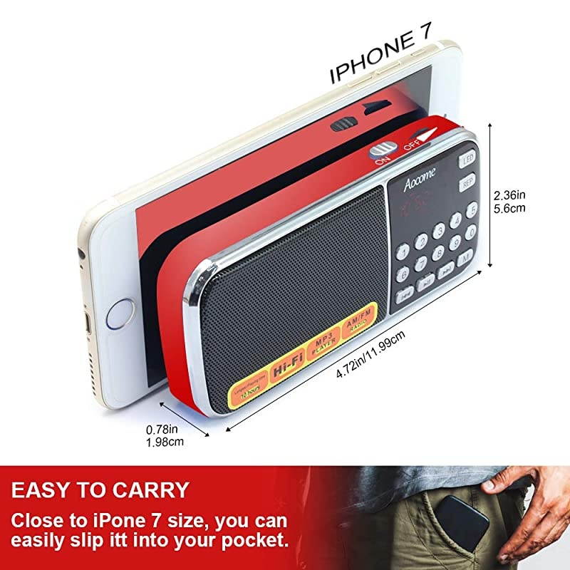 AM FM Radio Portable, Mini Digital Radio Speaker Music Player with Best Reception, Automatic/Manual Search, Radio with Micro SD/TF Card Slot, USB Rechargeable Battery, by  (Red)