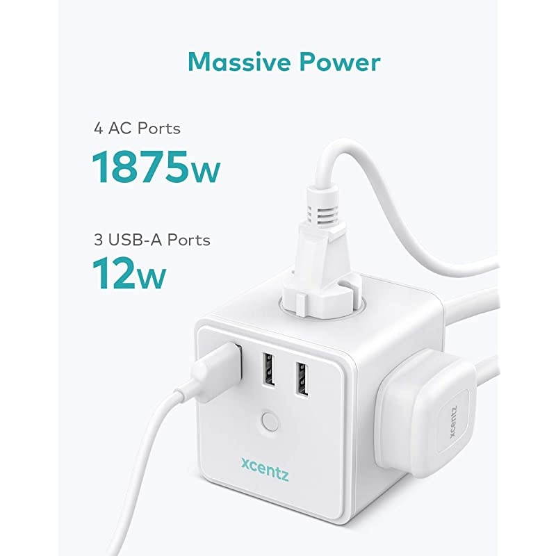 Power Strip Cube White with USB 4 Outlet and 3 USB Ports Surge Protector Power Strip Flat Plug with 5 ft Extension Cord Overload Protection Switch Control Compact for Desktop Office Home