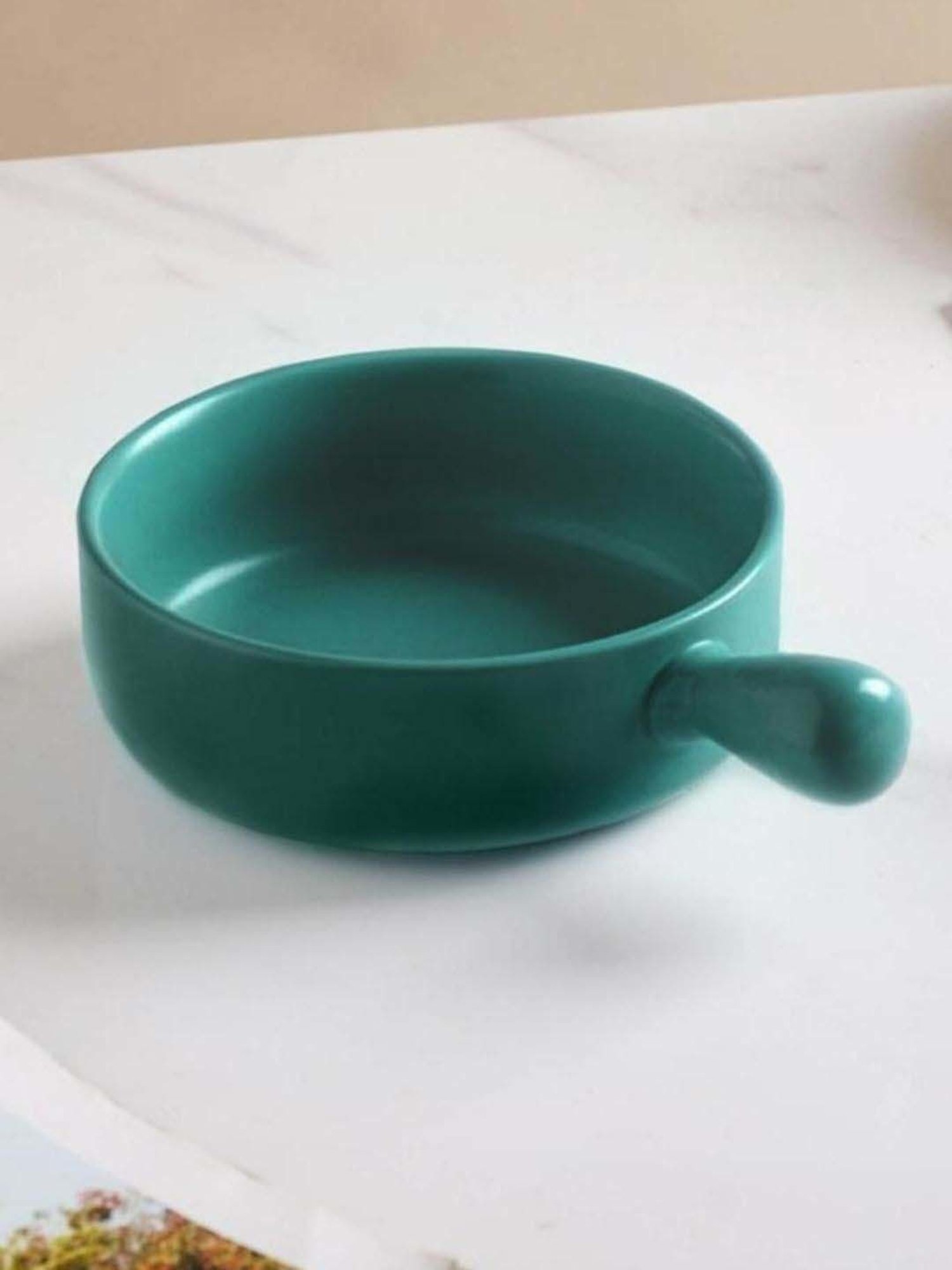 Nestasia Premium Quality Dark Green Ceramic Made Serving Bowl With Handle For Serving Snacks (600ml)