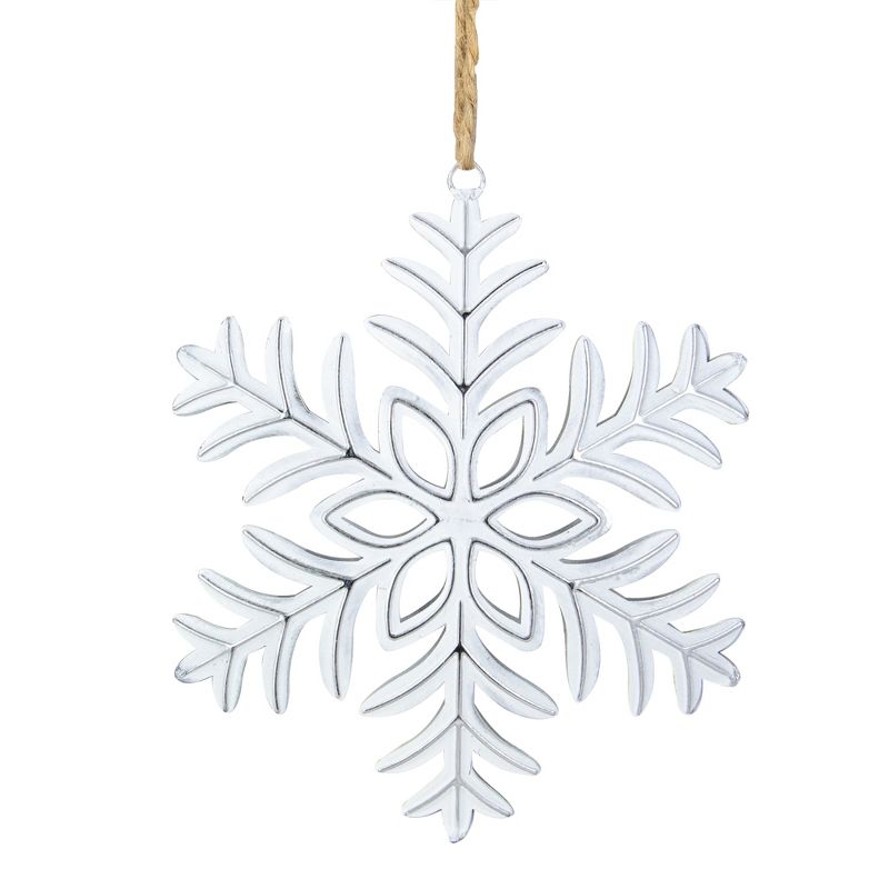 Northlight 5.5" Silver and White Metal Snowflake Christmas Ornament on Jute Rope