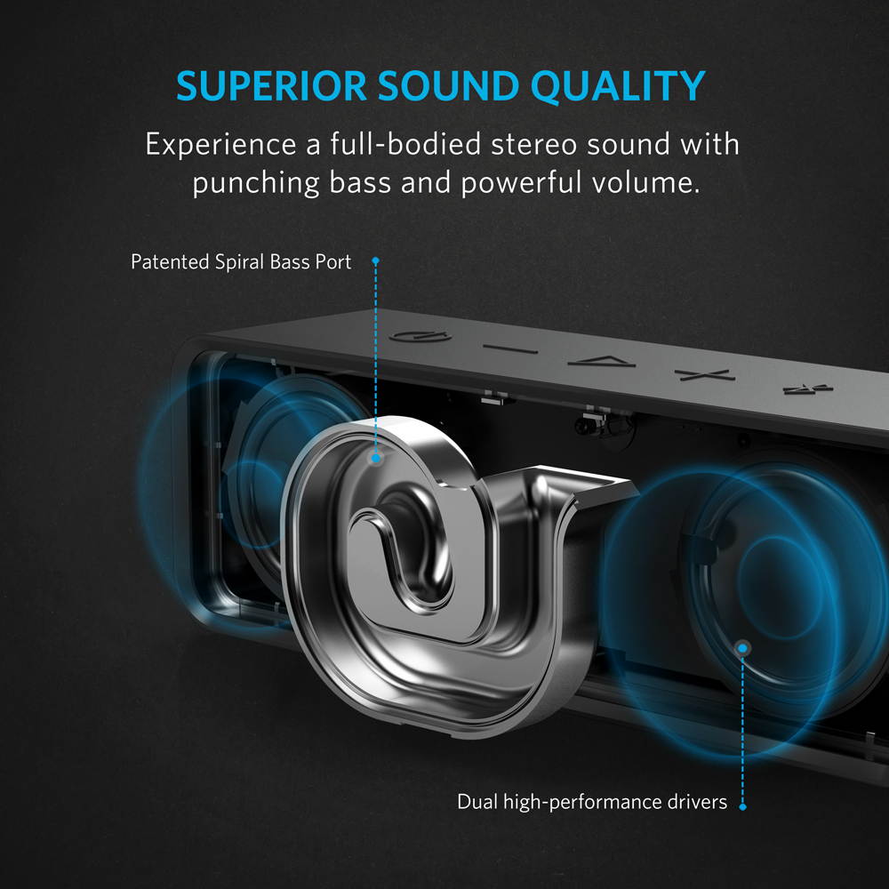 Anker SoundCore Bluetooth Speaker with 24-Hour Playtime, 66-Foot Bluetooth Range & Built-in Mic, Dual-Driver Portable Wireless Speaker with Low Harmonic Distortion and Superior Sound - Black
