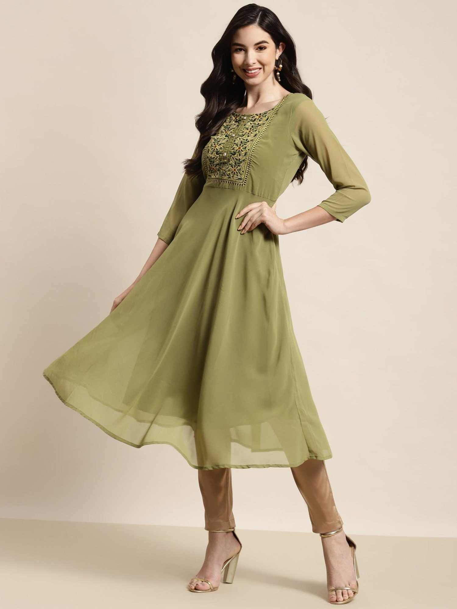 Jompers Green Floral Print A Line Kurta