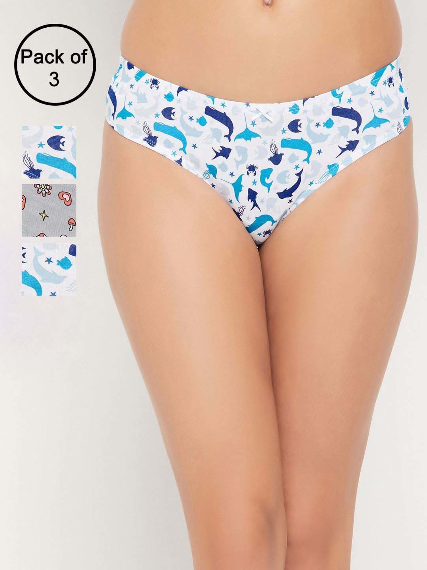 Clovia Grey & White Cotton Printed Hipster Panty - Pack Of 3
