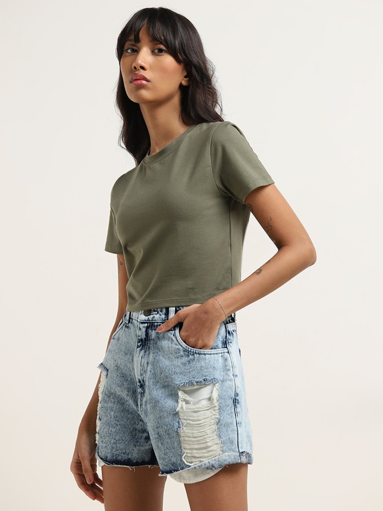 Nuon by Westside Olive Solid Cotton Blend T-Shirt