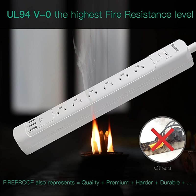 2100J Surge Protector USB Power Strip with ETL Approval 15A Angled Flat Plug Mountable Extension Cord Fast Charging Station 6 Outlet 5ft for Phone Tablet PC Garage Kitchen Home Office White