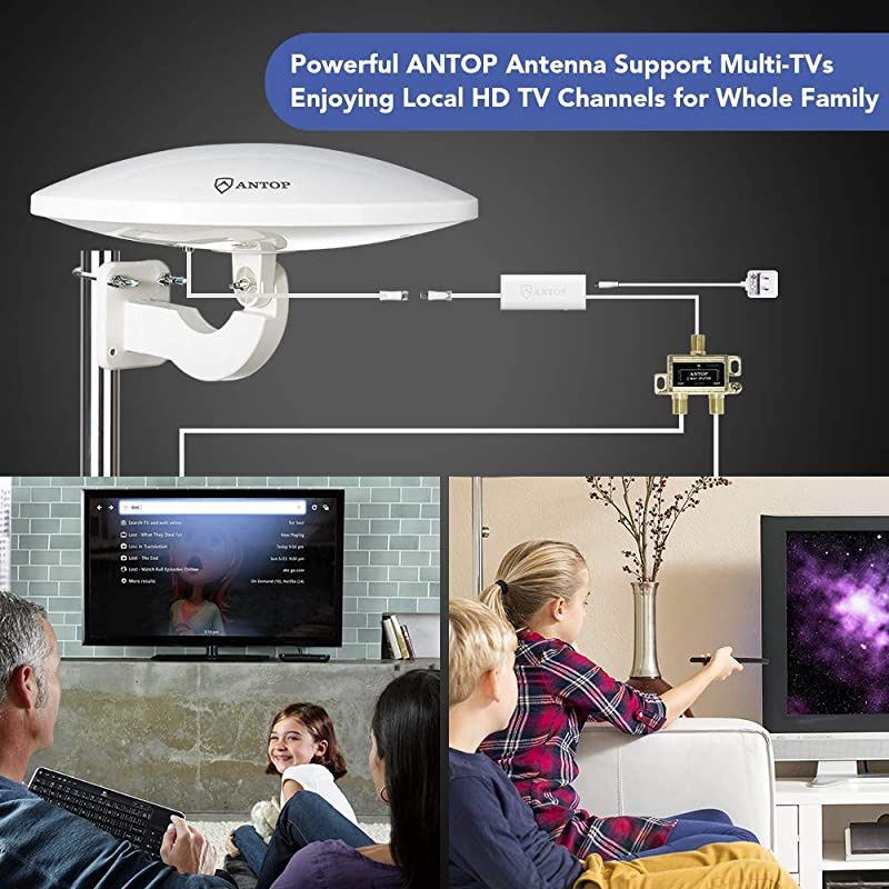 TV Antenna for Multiple TVs ANTOP UFO Amplified RooftopAtticRVMarine HDTV Antenna 65 Miles Omni Directional Extremely High Reception with 33ft Coaxial Cable and Signal Splitter for 2 TVs