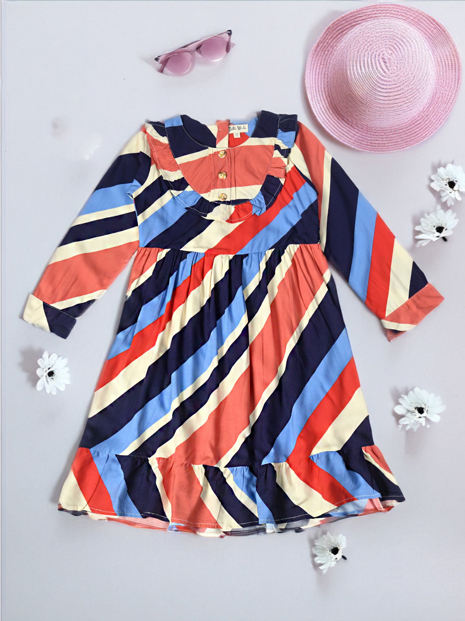 Bella Moda Kids Red Striped Full Sleeves Fit & Flare Dress