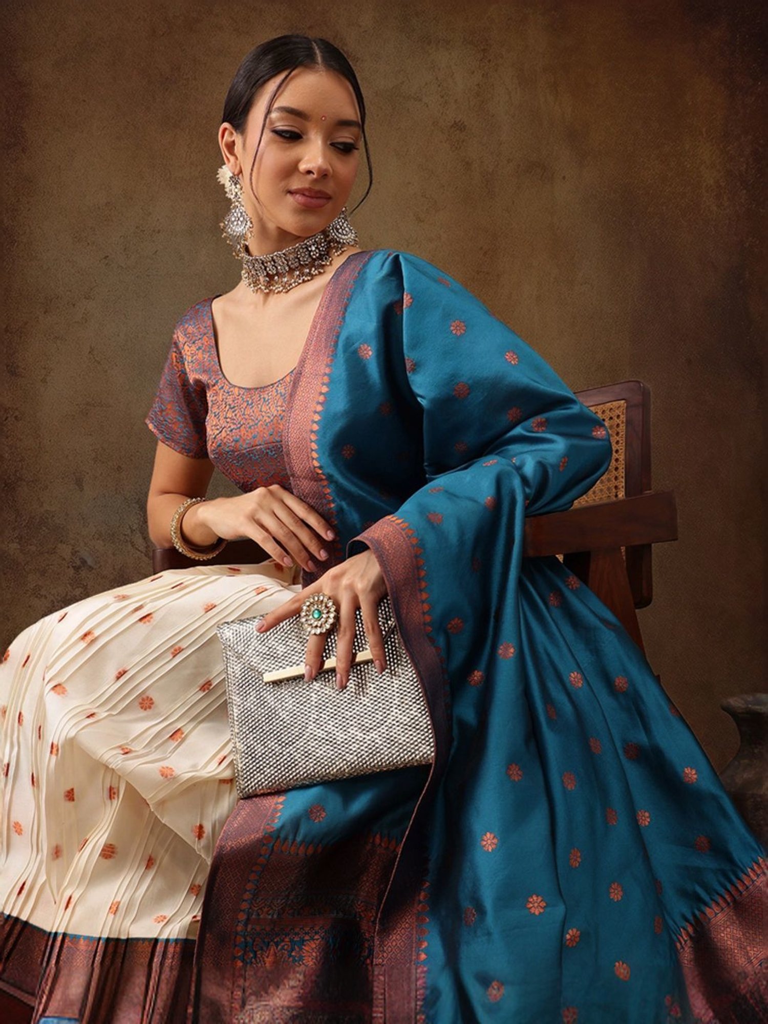 Silk Land Beige & Blue Woven Pattern Semi Stitched Lehenga Choli Set With Duppata