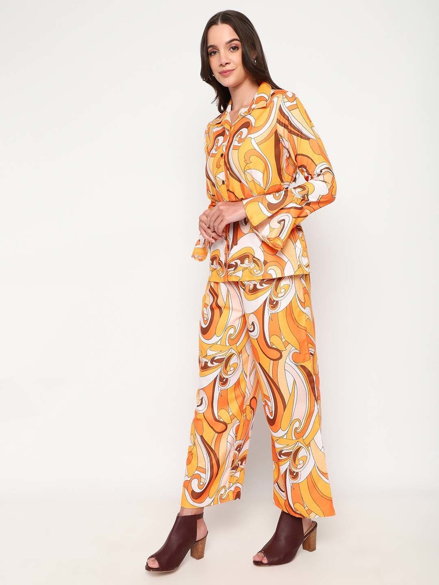 Sringam Yellow Cotton Printed Shirt Pant Set