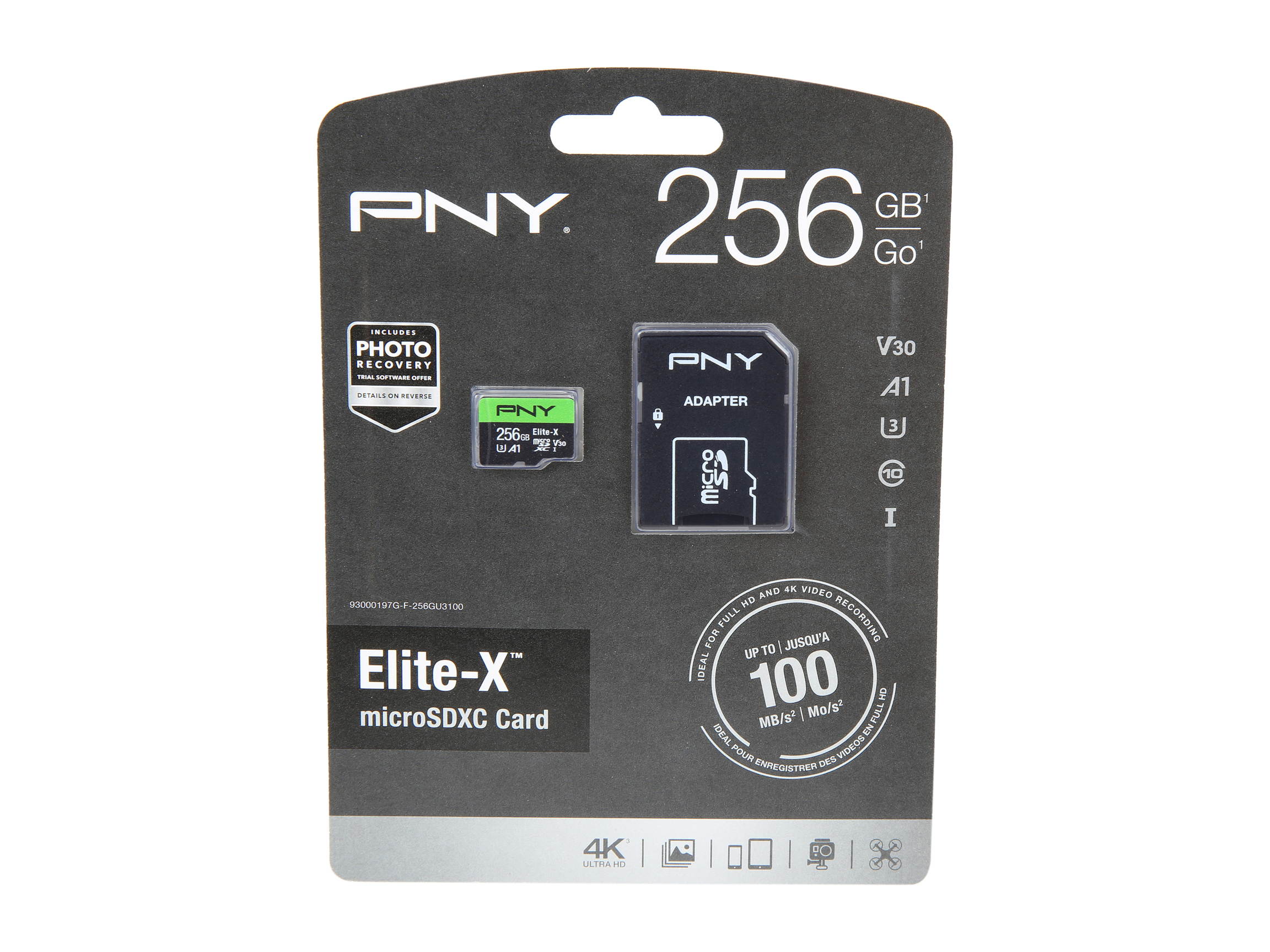 PNY 256GB Elite-X microSDXC UHS-I/U3 Class 10 Memory Card with Adapter, Speed Up to 100MB/s (P-SDU256U3100EX-GE)