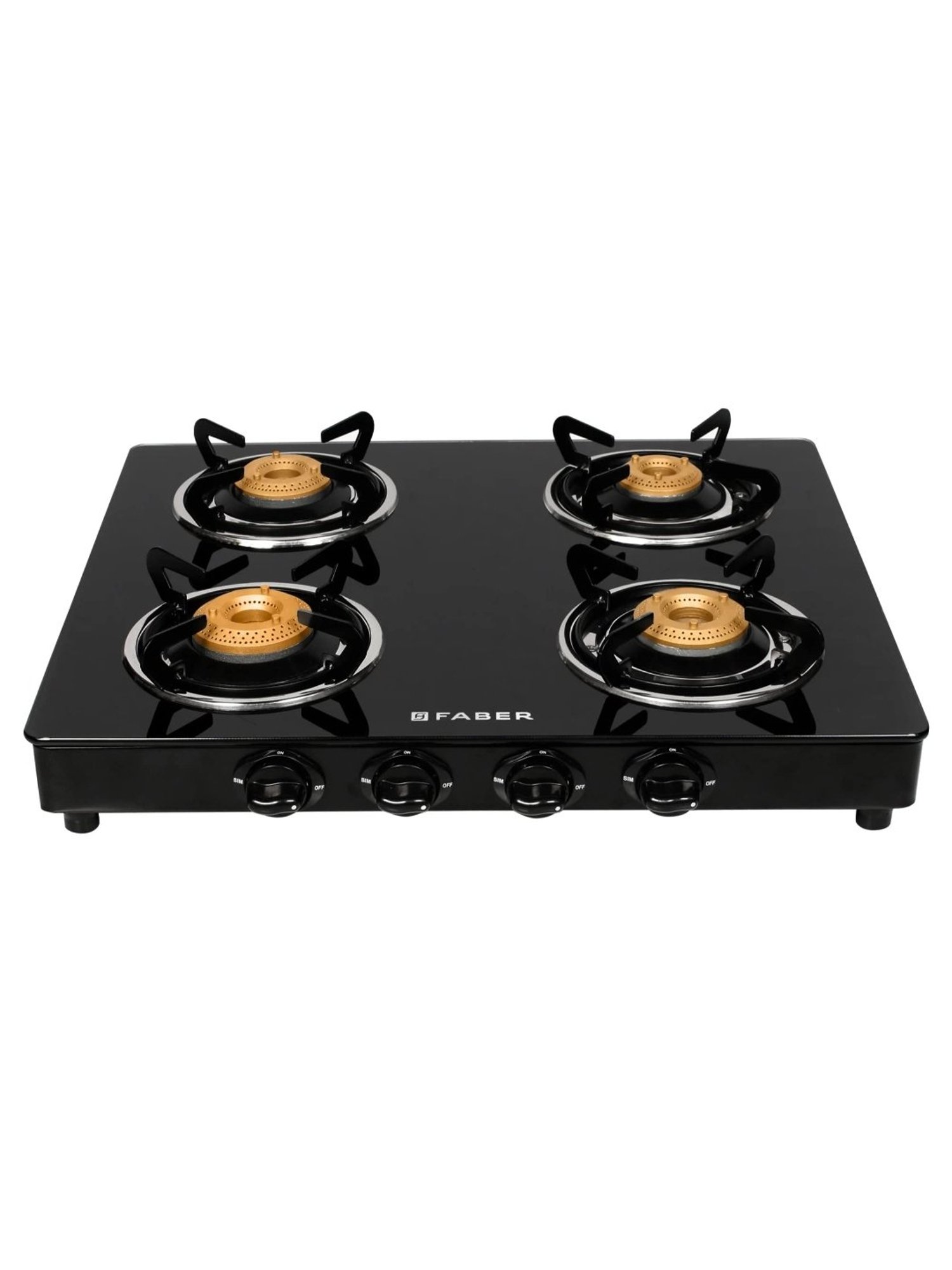 Faber Glass Top 4 Burner Gas Stove with Powder Coated Pan Support & Manual Ignition (Black)