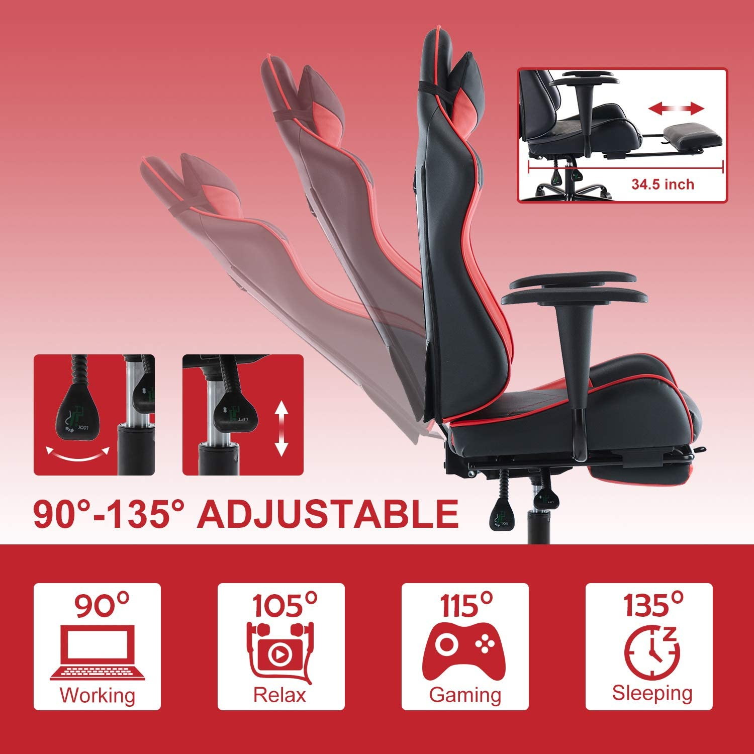 SMUGDESK Gaming Chair with Footrest Racing Style Recliner with Lumbar Support, Ergonomic Office Armchair for Computer PU Leather High Back Desk Chair Headrest Swivel Rocking Desk Chair, Blue