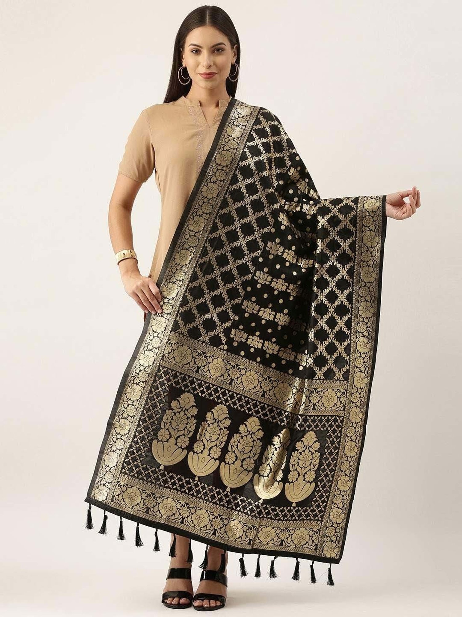 Silk Land Black Woven Pattern Dupatta