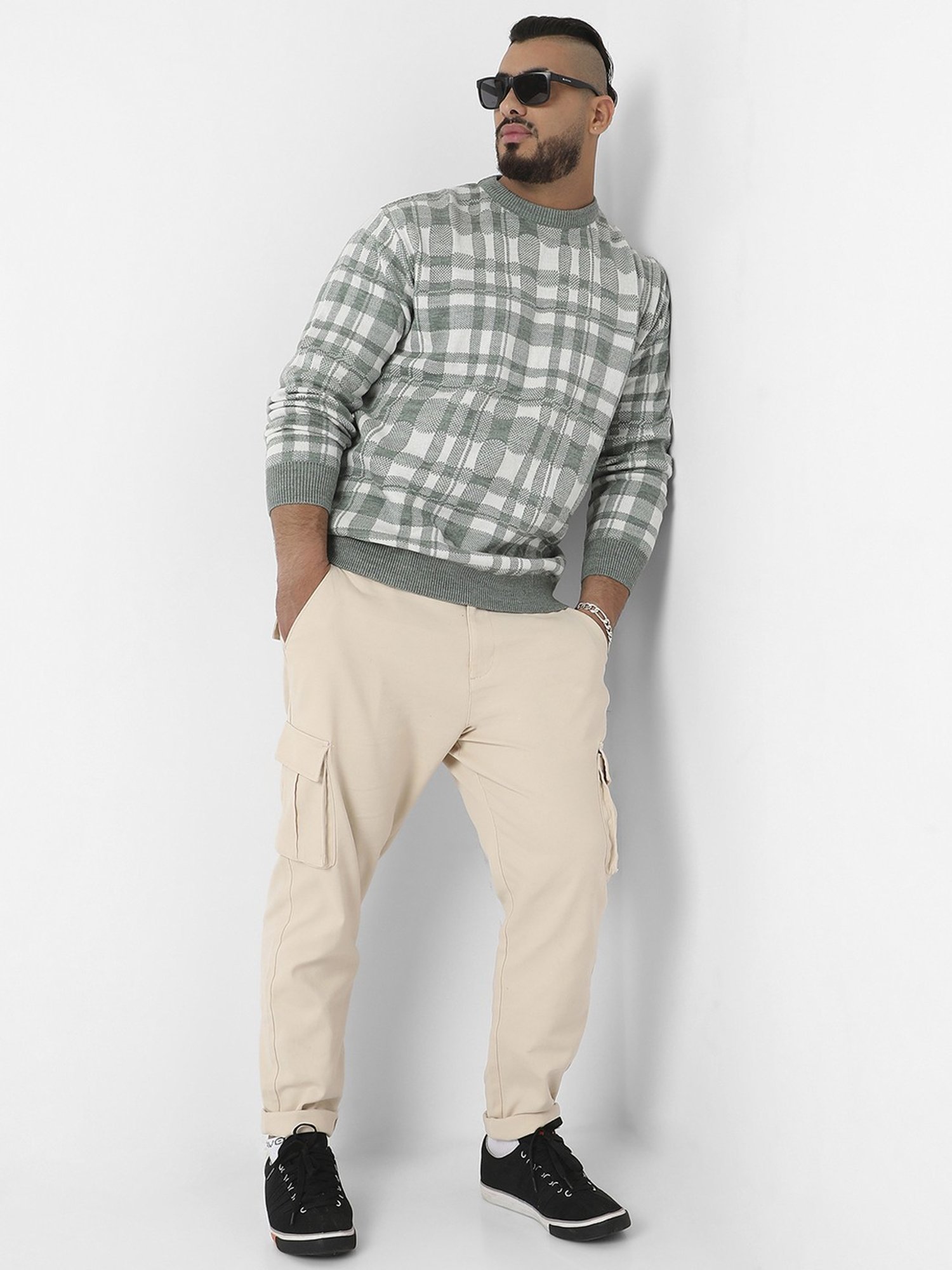 Instafab Plus Olive Green Regular Fit Checks Plus Size Sweater