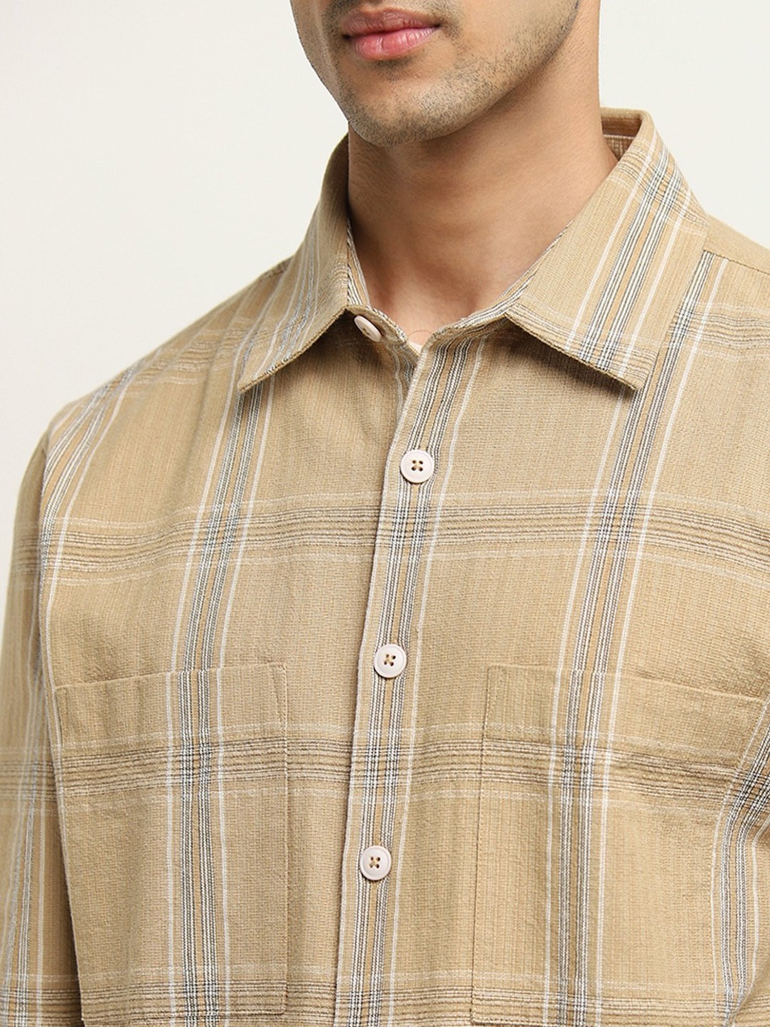 Ascot by Westside Beige Checks Design Relaxed-Fit Cotton Shirt