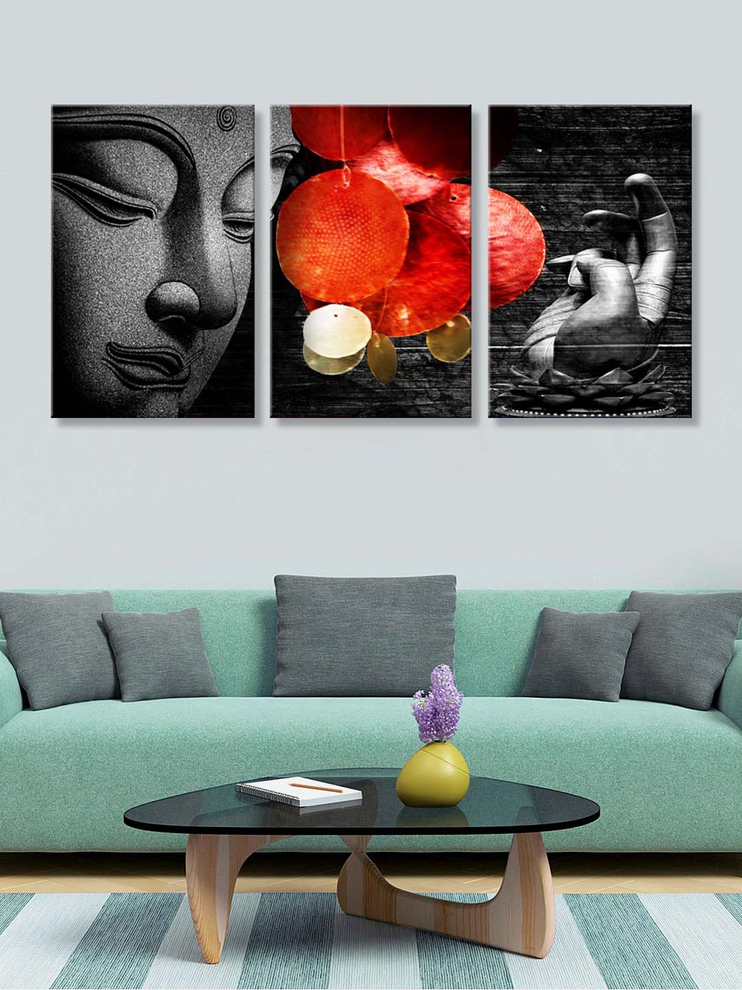 999Store Black & Red Buddha Art 3 Frame Canvas Paintings