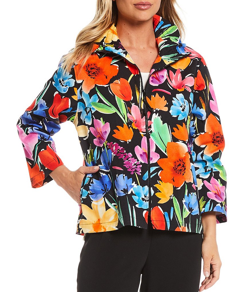 Caroline Rose Painted Garden Convertible Ruched Collar Stretch Cotton Zip Jacket