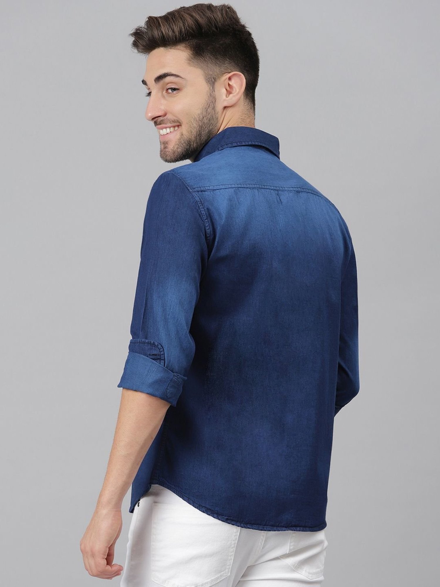 Dennis Lingo Navy Cotton Slim Fit Denim Shirt