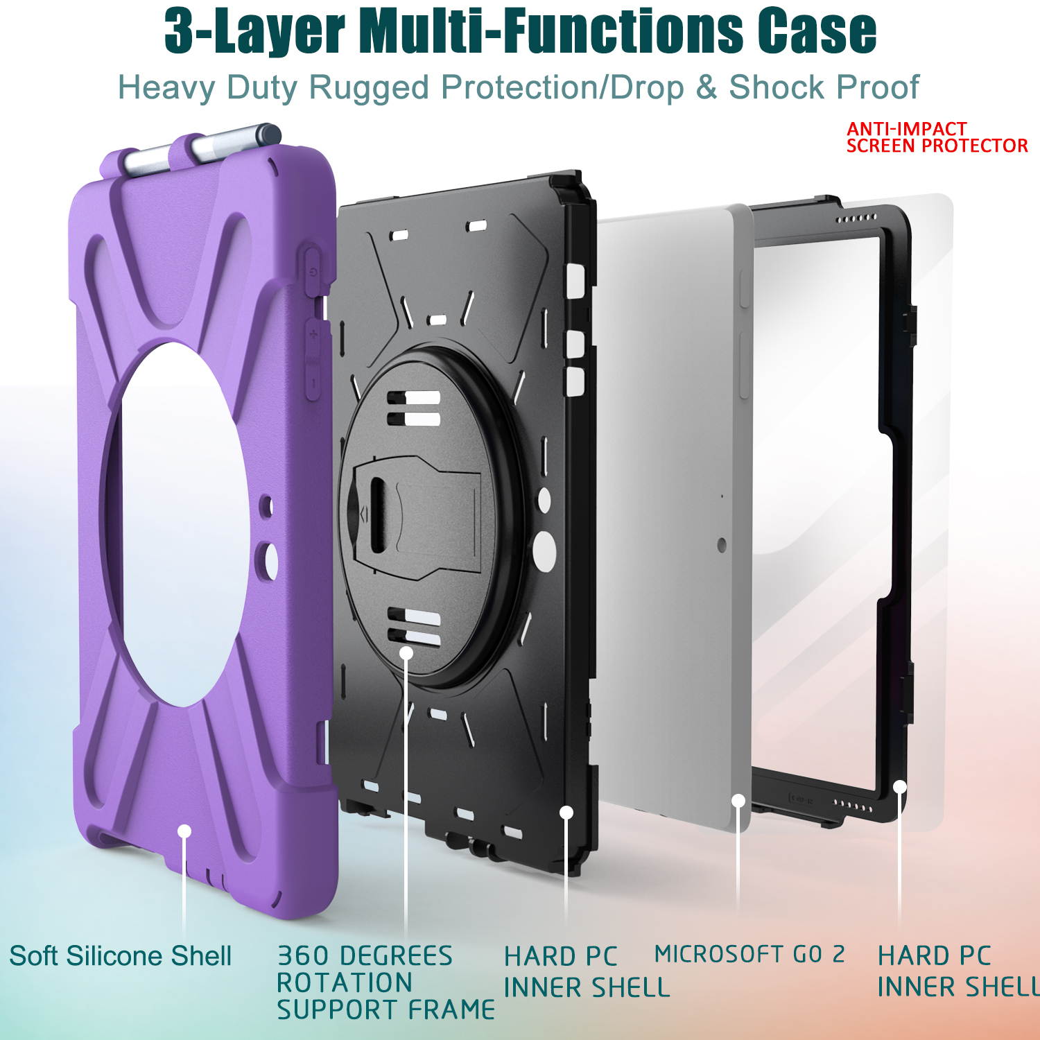 Case for Microsoft Surface Go 2 10.5 inch 2020 / Surface Go 10 inch 2018 with with Pen Holder, Hand Strap & Shoulder Strap Shockproof Protective Stand Cover