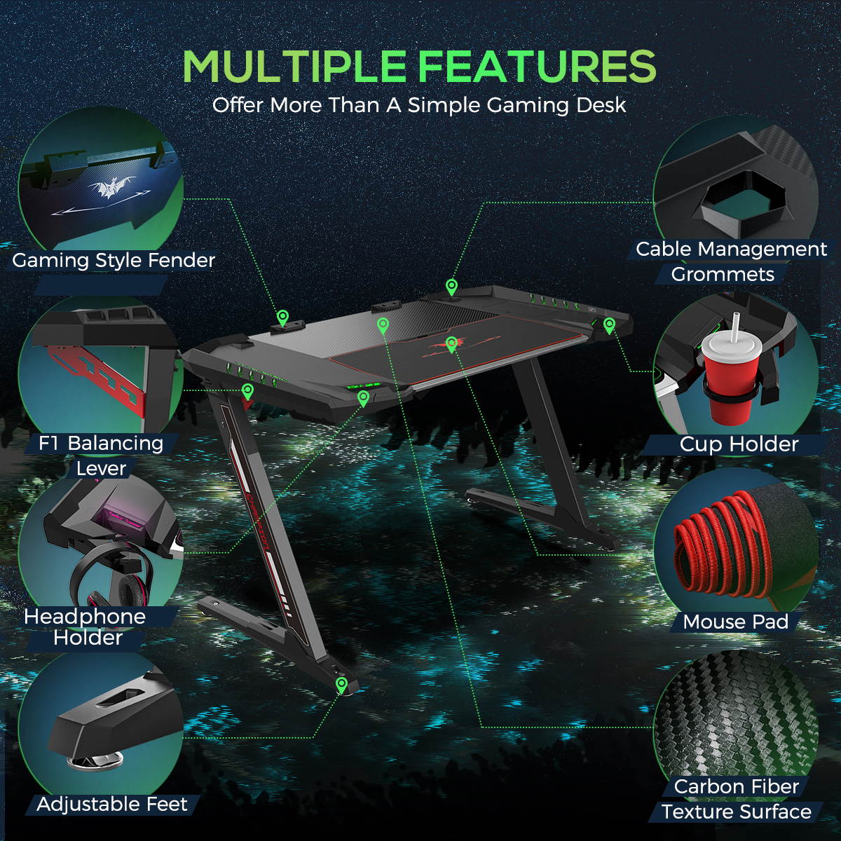 Eureka Z2 Gaming Desk - Gaming Desk for Console & PC Gamers. RGB Lighting, Headphone Hook, and Cup Holder