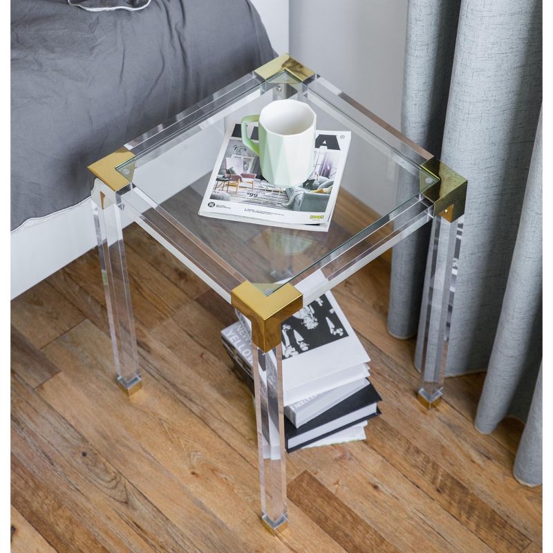 Bold Tones Square Acrylic Gold Metal Modern Tempered Glass End Side Table