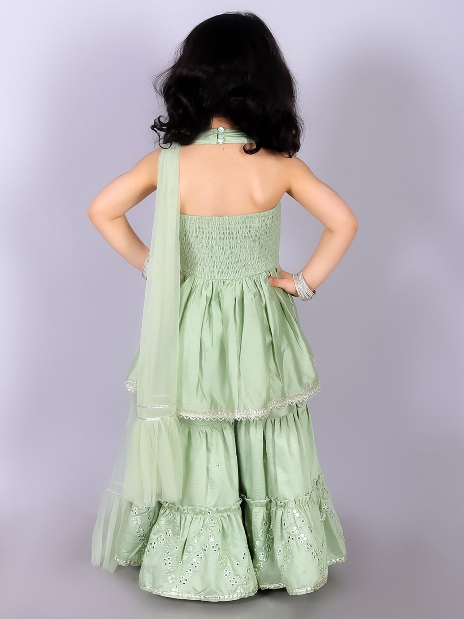 Lil Drama Kids Green Embellished Kurta, Gharara with Dupatta