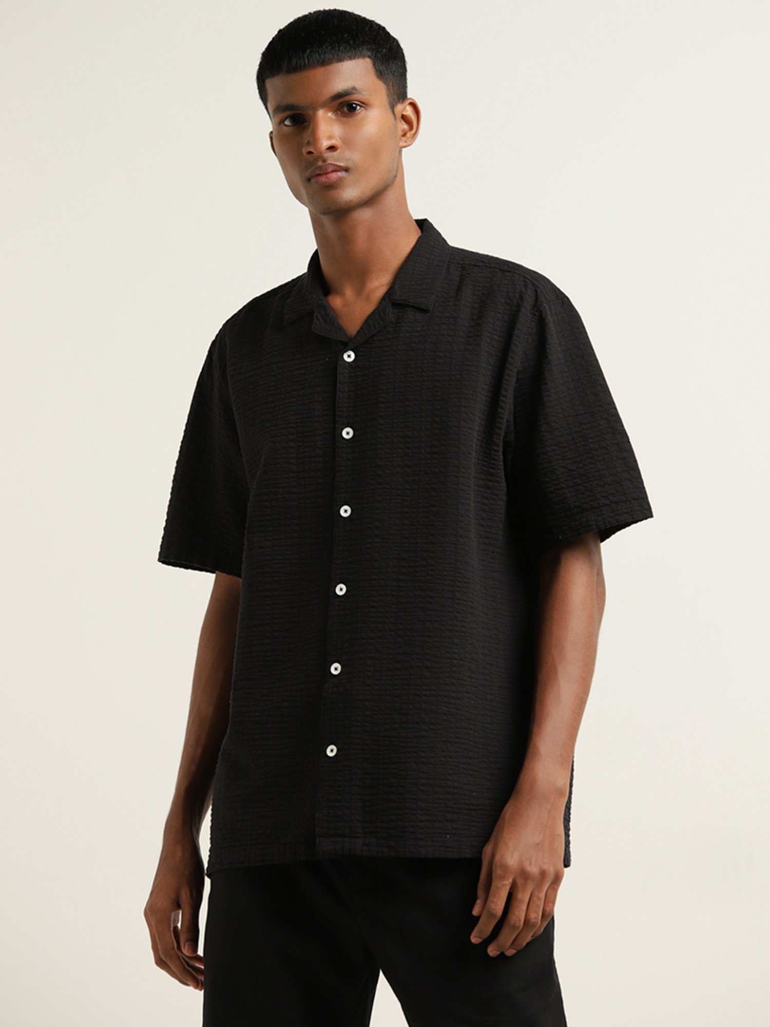 ETA by Westside Black Seersucker Relaxed-Fit Cotton Blend Shirt
