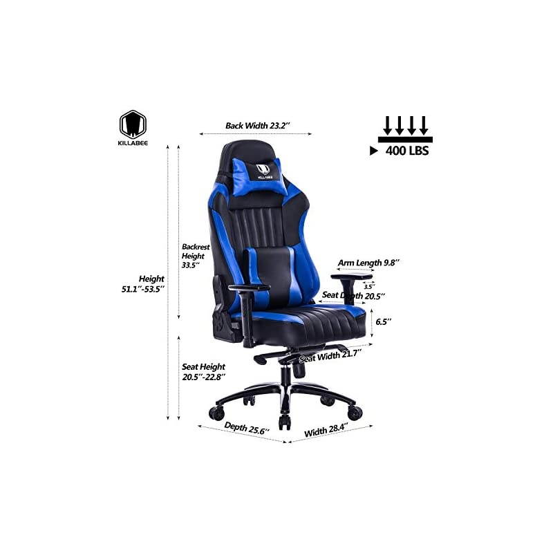 Memory Foam Gaming Chair, Adjustable Tilt Angle and 3D Arms Ergonomic High-Back Leather Racing Executive Computer Desk Office Metal Base, Blue