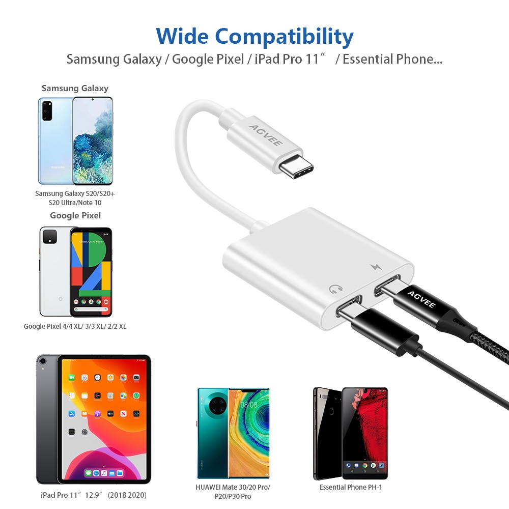 AGVEE Dual USB-C Headphone & Charging Adapter, Type-C Earbud Splitter, Duo USBC Audio & Charger Jack Earphone Dongle for Samsung S21 S20 FE 5G Ultra, Note 20 10, iPad Pro, Pixel 2 3 4 5 XL, Gray